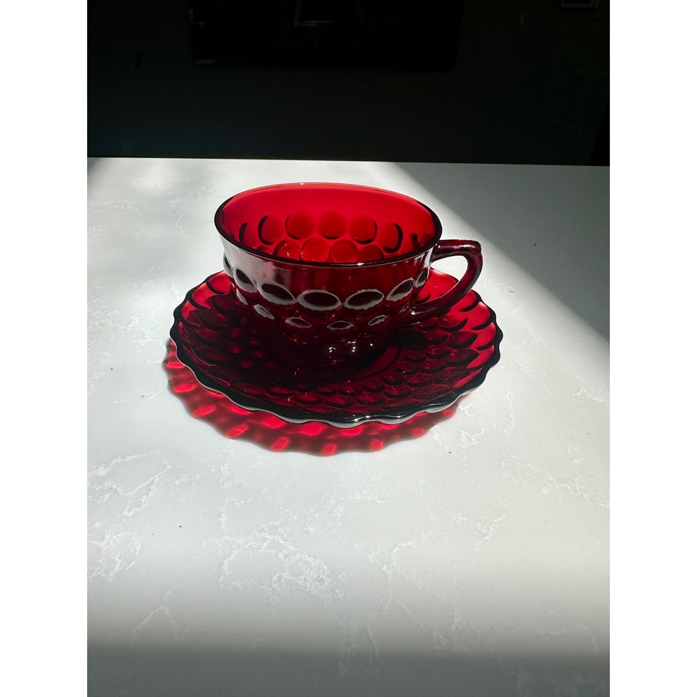 Vintage Ruby Red Hobnail Glass Tea Cup and Saucer Mid-Century Modern Glassware